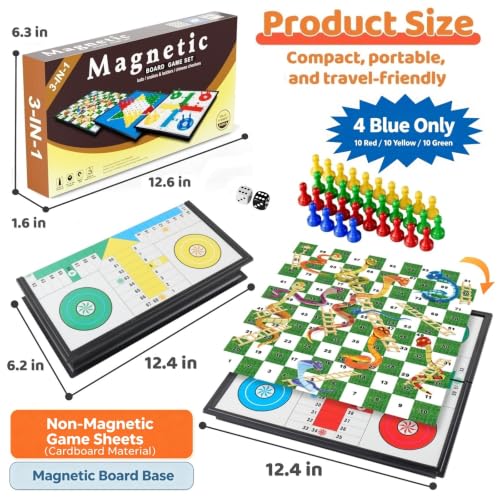 3 in 1 Magnetic Board Games Set for Kids Adults - Classic Travel Game Set with Chinese Checkers, Ludo, Snakes and Ladders, Educational Family Strategy Game with Folding 12.4 Inches Board & Piece