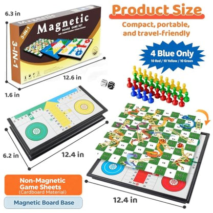 3 in 1 Magnetic Board Games Set for Kids Adults - Classic Travel Game Set with Chinese Checkers, Ludo, Snakes and Ladders, Educational Family Strategy Game with Folding 12.4 Inches Board & Piece