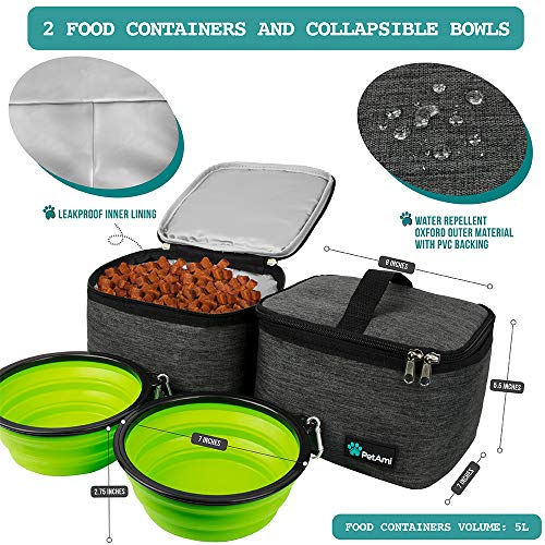 PetAmi Dog Travel Bag Organizer, Pet Travel Kit with 2 Food Containers & 2 Collapsible Dog Bowls, Pet Supplies Tote with Luggage Sleeve, Weekend Road Trip Camping Essentials, Dark Gray, Large - color: Charcoal, size: Large - 15.5"L x 9.5"W x 14.0"H
