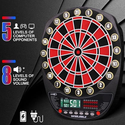 WIN.MAX Electronic Dart Board Soft Tip Dartboard Set LED Displays 3 Languages with 12 Darts 100 Tips Power Adapter - color: RED/BLACK WITH LIGHTS