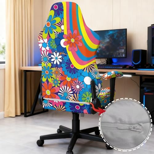 Suobstales Hippie Daisy Swirl Pattern Gaming Chair Covers, Stretchable Office Computer Chair Slipcover with Armrest Covers, Elastic Seat Protector for Office Reclining Racing Game Chair - color: Hippie Daisy Swirl