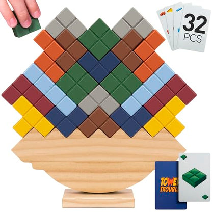 Tower Stack Game - 32PCS Wooden Balance Game with Building Blocks & Cards - Durable Tetra Tower Stacking for Kids & Adults - Fun 1+ Player Balance Stacking Games.