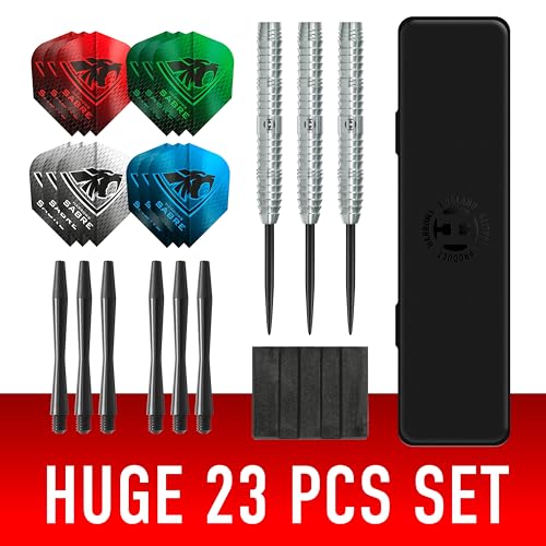 Harrows Sabre 90% Tungsten Steel Tip Darts Set I 21g to 26g All Weights Available I Huge 24pcs Bundle with Spare Shafts, Prime Flights & Travel Case - size: 23 grams