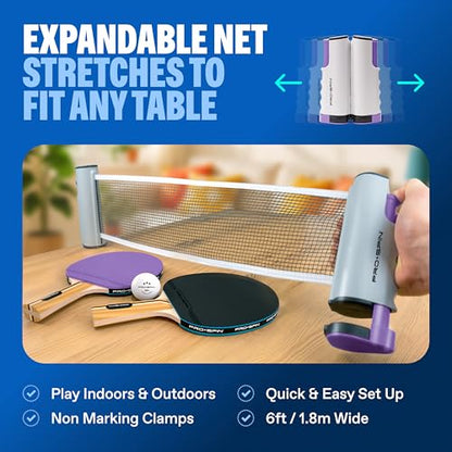 PRO-SPIN Portable Ping Pong Set with Retractable Ping Pong Net for Any Table, All-in-One Table Tennis Set with Ping Pong Paddles, Balls & Case, Table Top Family Game - color: 4-Player Set | Purple/Blue/Mint/Green