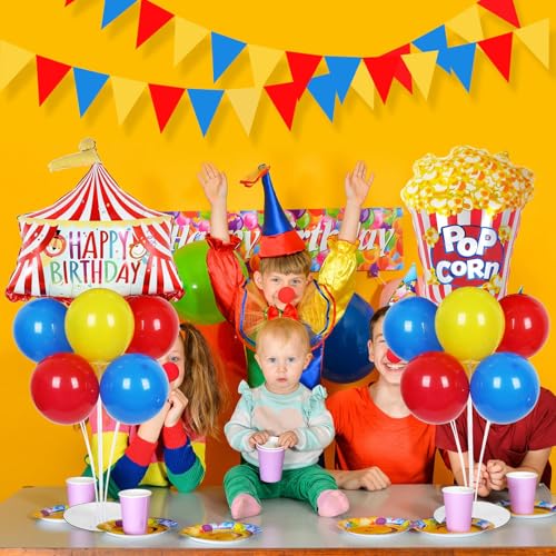 Carnival Circus Birthday Party Balloons Stand Kit 2 Sets with 2 Circus Tent Popcorn Foil Balloons Plim Themed Red Blue Yellow Balloon Centerpiece for Tables for Carnival Birthday Party Decorations - style: Carnival Circus