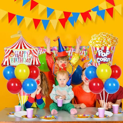 Carnival Circus Birthday Party Balloons Stand Kit 2 Sets with 2 Circus Tent Popcorn Foil Balloons Plim Themed Red Blue Yellow Balloon Centerpiece for Tables for Carnival Birthday Party Decorations - style: Carnival Circus