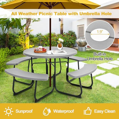 Tangkula 8 Person Picnic Table, Outdoor Round Picnic Table with 4 Built-in Benches, Umbrella Hole, Metal Frame & HDPE Tabletop, Outside Table and Bench Set for Backyard, 2300lbs Weight Capacity - color: Grey