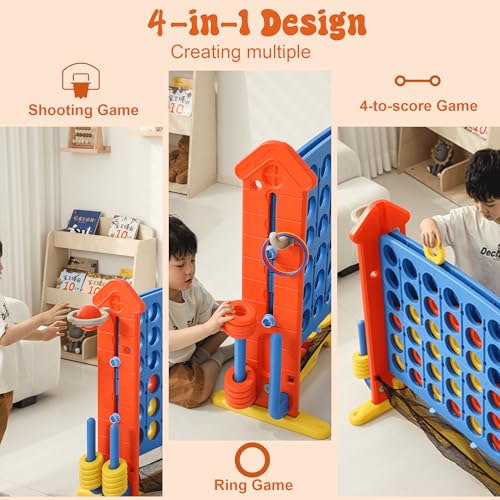 4-to-Score Giant Game Set, 4-in-1 Indoor Outdoor Yard Family Connect Game (4-in-a-Row + Basketball + Ring Toss + Mini Golf), Height Adjustable 2.5–3.3FT, Includes Carry Bag - size: 43"x16"x38"-Orange&Blue