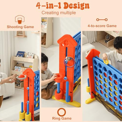 4-to-Score Giant Game Set, 4-in-1 Indoor Outdoor Yard Family Connect Game (4-in-a-Row + Basketball + Ring Toss + Mini Golf), Height Adjustable 2.5–3.3FT, Includes Carry Bag - size: 43"x16"x38"-Orange&Blue