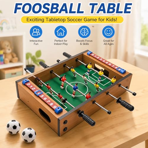 Table Football, 13.5'' Mini Foosball Table Soccer Tabletop Football w/ 2 Footballs and Soccer Keepers, Wooden Tabletop Foosball Game Accessories for Family Play Indoor & Outdoor