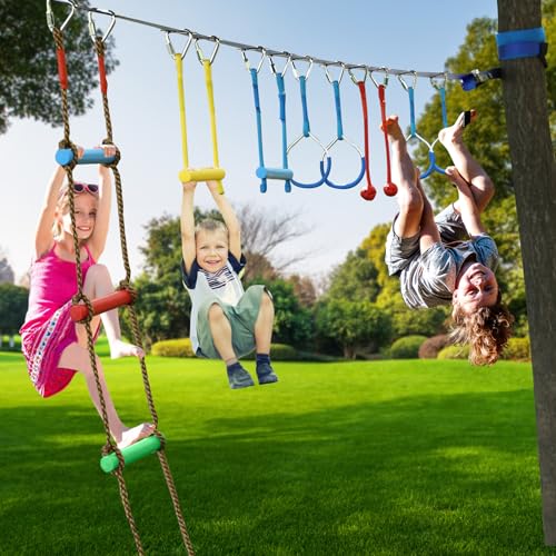 Ninja Warrior Obstacle Course for Kids,2×56ft Slackline Kit with 10 Ninja Accessories - Monkey Bar,Rope Ladder,Gymnastic Ring,Arm Trainer and Monkey Fist+Fast-Setup Buckles,Supports 880 lbs - size: 10 Obstacles