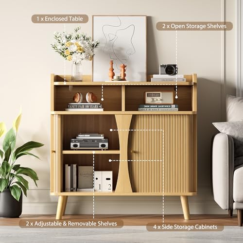 Decofy 39" Buffet Sideboard Cabinet, Mid Century Modern Console Cabinet with Roller Shutter Sliding Doors & Adjustable Shelves for Kitchen Cabinets, Living Room, Entryway, Coffee Bar Cabinet (Oak) - color: Oak