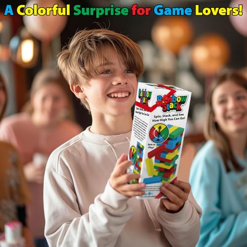 Funwares Rainbow Stack Wooden Blocks Stacking Game, Tumbling Tower & Balance Game, Family & Party Fun, Ages 6+, Color Spinner-Based Twist on Classic Stacking Games