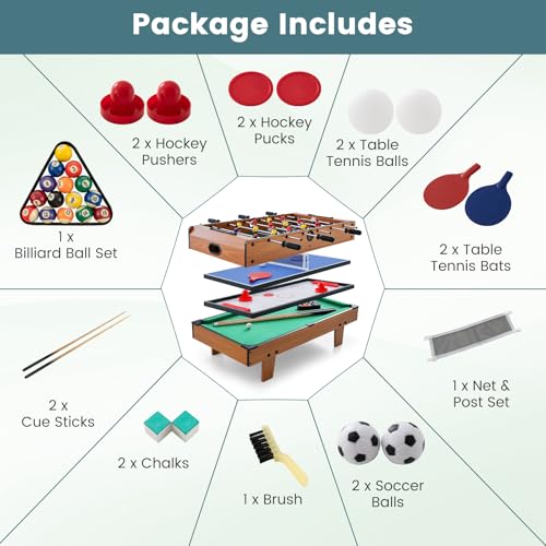 GYMAX 4 in 1 Multi Game Table, 32" Combo Game Table Set Includes Foosball, Pool Table, Hockey, Ping Pong Tabletops w/Accessories for Kids & Adults, Home, Game Room, Family Nights - color: Natural