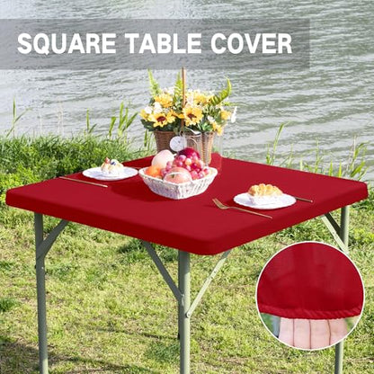 Square Fitted Table Cover Elastic Tablecloth Stretch Spandex Table Top Cover Table Topper Cap for Dining Kitchen Home Party Burgundy 34X34 Inch - color: Burgundy, size: 34" x 34" (Square)