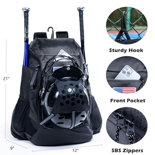 | Baseball Bag Softball Bat Bag, Double-layer Baseball Backpack Adult with Gear Klip To Hold Baseball Glove, Baseball Essential Gear, Youth Baseball Bag for Boys, Girls, Baseball Accessories - color: Black