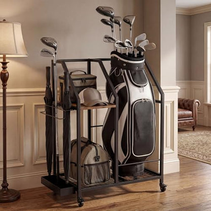 Golf Storage Organizer for Garage,Golf Bag Storage Rack | Smooth Rolling Wheels, Multi Storage Zones, Holds Golf Bags & Clubs, Heavy-Duty Frame, Space-Saving Garage Organizer