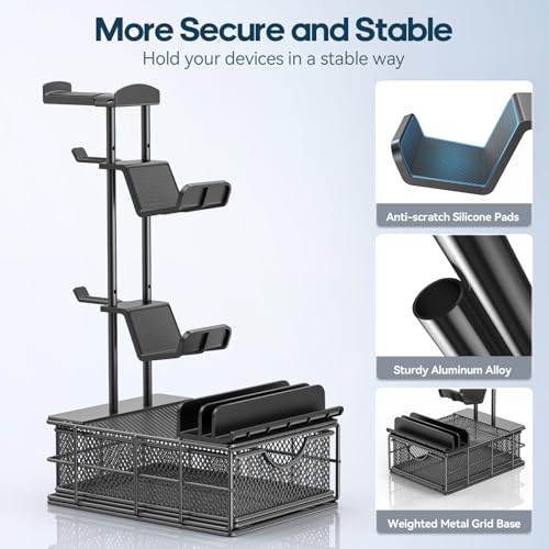 KDD Headphone Stand with Drawer - Headset & Controller Holder for Desk - Aluminum Supporting Bar Earphone Stand with Cable Organizer - Universal Gaming PC Accessories Storage