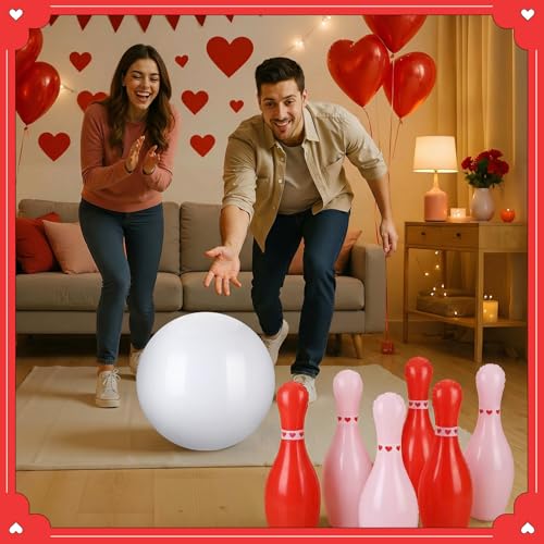 Lunmon 11 Pcs Easter Giant Inflatable Bowling Set 27 Inch Carrot Pins with 23 Inch Bowling Ball Indoor Outdoor for Adults Easter Party Yard Indoor Outdoor Games Supplies(Valentine's Day) - style: Valentine's Day