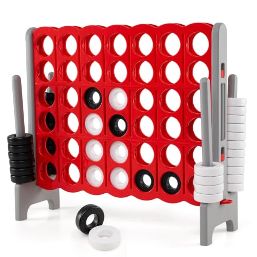 GLACER Giant 4-in-A-Row Game Set, 4-to-Score Game with Quick-Release Slider & 42 Jumbo Rings, 3.5FT Tall Outdoor Yard Games for Family Parties, Kids & Adults - color: Brown+red