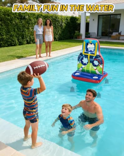 Inflatable Football Toss Pool Games Set, Football Target for Kids Age 8-12, Teens, Adults, Family, with 4 Water Footballs & 2 Pumps, Summer Swimming Pool Toys for Party, Beach, Lawn, Indoor/Outdoor