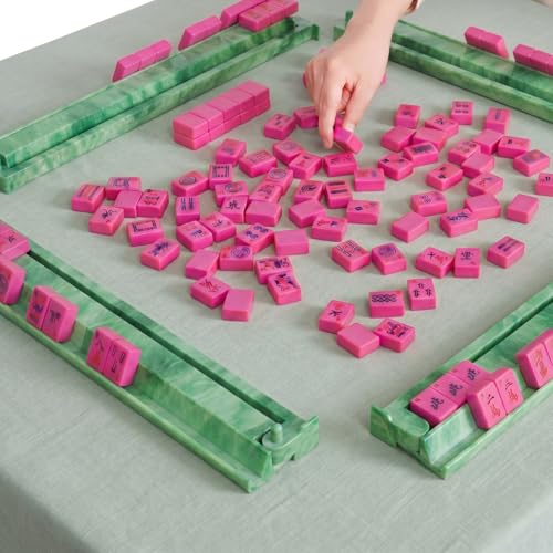 4 Pcs 18.7 Inch Acrylic Mahjong Tile Racks with Pushers for Game Night American Mahjong Racks Tile Set for Mah Jong Lovers and Beginners (Green Agate) - color: Green Agate