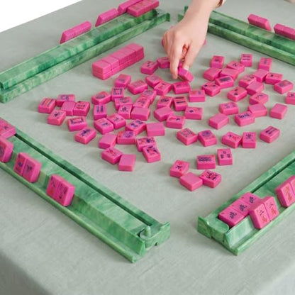 4 Pcs 18.7 Inch Acrylic Mahjong Tile Racks with Pushers for Game Night American Mahjong Racks Tile Set for Mah Jong Lovers and Beginners (Green Agate) - color: Green Agate