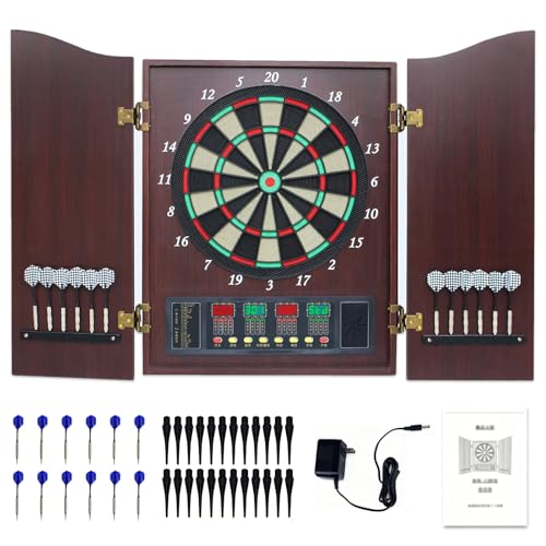 Wall-Mounted Electronic Dart Board Cabinet Set, Double Wood Door Panel Electric Darts Machine with Digital Scoreboard and LCD Display, 12 Soft Tip Darts and 88 Dart Head - color: Coffee brown