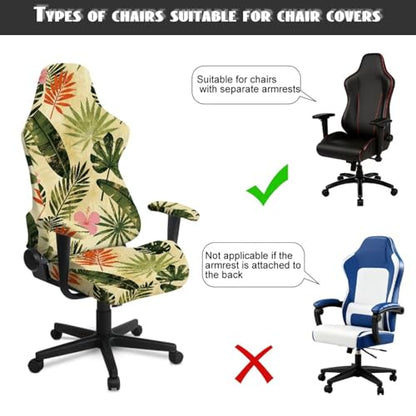 Tropical Leaf Print Gaming Chair Cover Set of 4 Dust-Proof Stretchy Computer Office Chair Cover with Armrest Covers Home Decorations - color: Green - Tropical Leaf