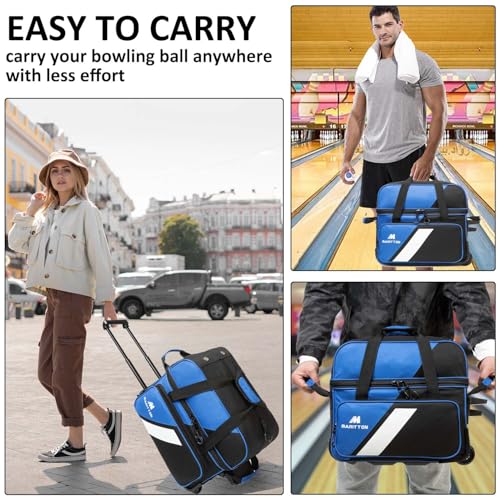 Bowling Bag with Wheels Double Roller 2 Ball Bowling Separate Shoe Compartment and Oversized Accessory Pocket, 36.6" Extendable Handle. - color: BLUE