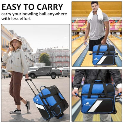 Bowling Bag with Wheels Double Roller 2 Ball Bowling Separate Shoe Compartment and Oversized Accessory Pocket, 36.6" Extendable Handle. - color: BLUE