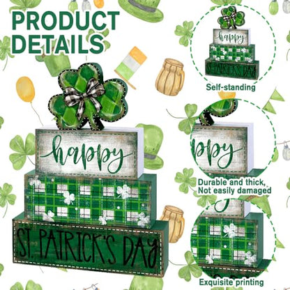 DIYDEC 4Pcs St.Patrick's Day Table Decoration Shamrocks Wooden Block Signs Rustic St. Patrick Tiered Tray Decor Happy St.Patrick's Day Centerpiece Sign for Farmhouse Holiday Tabletop Home Party Decor - style: St.Patrick's Day Shamrocks