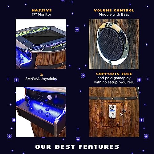Creative Arcades Full-Size Commercial Grade Wine Barrel Style Pub Arcade Machine | Standard/Medium/Large | Classic Games | 2 Sanwa Joysticks | 2 Stools (Large, 60 Game, 19" Screen, Woodgrain) - color: Woodgrain, size: Large, 60 Game, 19" Screen