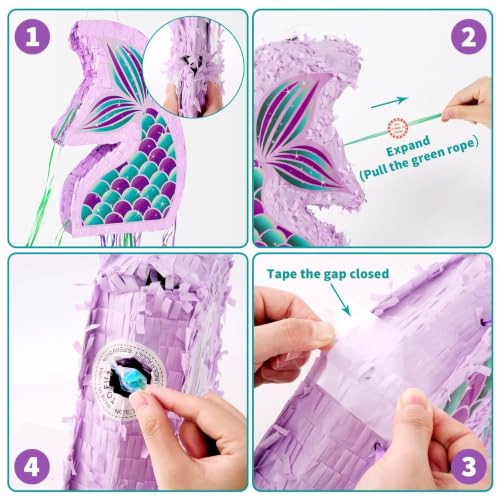 WERNNSAI Foldable Mermaid Piñata - Pull String Mermaid Birthday Party Supplies Mermaid with Blindfold Bat and Tassels Mermaid Party Decoration Games Folding Purple Mermaid Piñatas for Classroom Game - style: Mermaid-Fold