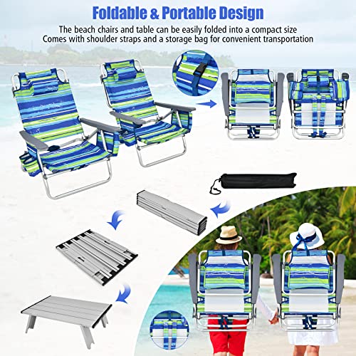 Tangkula Backpack Beach Chair with Table, 5-Position Lay Flat Beach Chairs with Cooler Bag, 2 Cup Holders, Towel Bar, Lightweight Low Folding Beach Chair with Backpack Straps - color: Blue, style: 2 Pack with Table