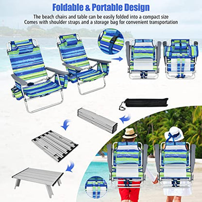 Tangkula Backpack Beach Chair with Table, 5-Position Lay Flat Beach Chairs with Cooler Bag, 2 Cup Holders, Towel Bar, Lightweight Low Folding Beach Chair with Backpack Straps - color: Blue, style: 2 Pack with Table