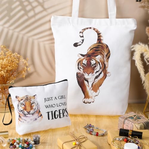 Sieral 2 Pcs Animal Lover Bag Gift for Women Travel Canvas Tote Portable Zipper Pouch Canvas Reusable Grocery Tote - style: Tiger