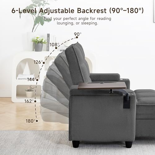 oaaktu Modern Tufted Linen Fabric Chaise Lounge Sofa Chair with Rotating Side Table,Storage,Pillow,USB Charging Ports and Adjustable Backrest Perfect for Living Room, Small Spaces (12-Dark Gray) - color: 12-dark Gray
