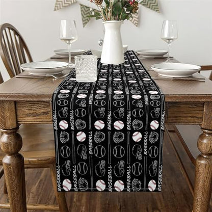 Castle Fairy Baseball Tabletop Decor for Kitchen Or Dining, Ball Games Table Runners for Boys Teens Adult,Baseball Bat Table Mat 13 X 90 Inches, Black White - size: 90"x13"