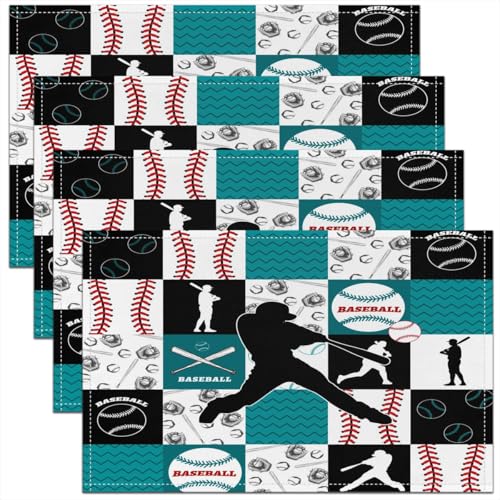 Castle Fairy Baseball Kids Placemats Set of 4,Cartoon Sports Games Table Place Mats,Abstract Geometric Grid Kitchen Decor,Teal Black Red Placemat Kitchen Table Decoration 12"x18" - color: Teal Black Red