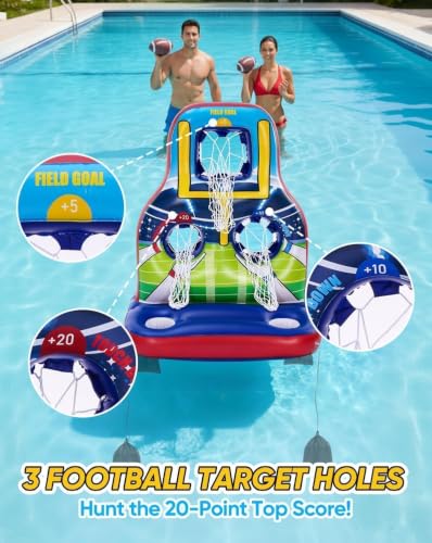 Inflatable Football Toss Pool Games Set, Football Target for Kids Age 8-12, Teens, Adults, Family, with 4 Water Footballs & 2 Pumps, Summer Swimming Pool Toys for Party, Beach, Lawn, Indoor/Outdoor