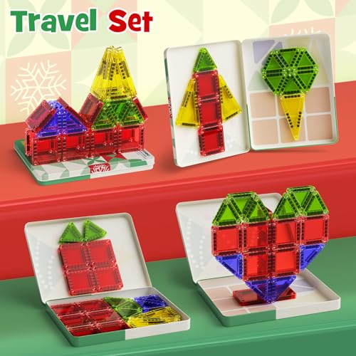 Travel Magnetic Tiles for Kids, 26 PCs Mini Magnetic Building Blocks with Festive Iron Storage Box, STEM Travel Toys for Toddlers Ages 3-5+, Educational Learning Gift for Boys & Girls - size: Travel