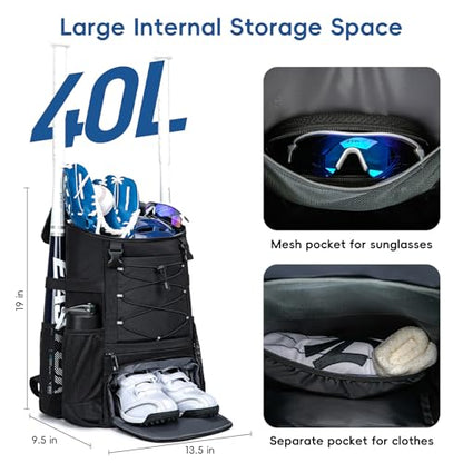 KAVIGOR Baseball Bag for Youth and Adult, Softball Backpack 40L Large Capacity, Bat Backpack with Shoes Compartment and Hidden Helmet Holder - color: Black