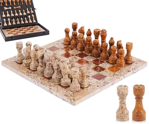 Marble Chess Set 12" Inches Coral and Dark Brown with Storage Box and 2 Extra Queen Handmade Luxury Board Games for Adults, Ideal Chess Board Game & Marble Chess Set for Adults - color: Coral & Dark Brown