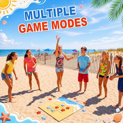 Reallnaive 2 Set Summer Tic Tac Toe Game Include 2 Pcs Beach Shaped Mats 20 Starfish Bean Bags Toss Pool Party Activities for Family Indoor Outdoor Sea Party Game - style: Summer