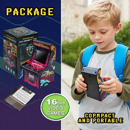 16 Bit Mini Arcade Machine Handheld Games Console for Kids Adults, 8-Way Joystick, 2.5'' Large Screen, 220 Built-in Classic Video Games, Gift for Kids