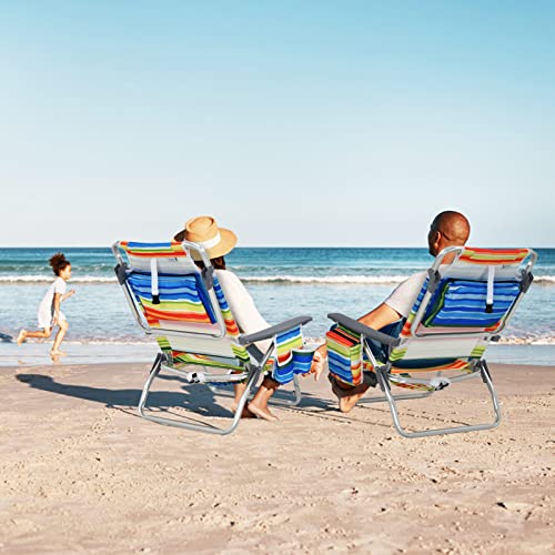 Tangkula Set of 4 Backpack Beach Chair, 5-Position Lay Flat Beach Chairs with Cooler Bag, 2 Cup Holders, Towel Bar, Lightweight Low Folding Beach Chair with Backpack Straps, Yellow - color: Yellow, style: 4 Pack
