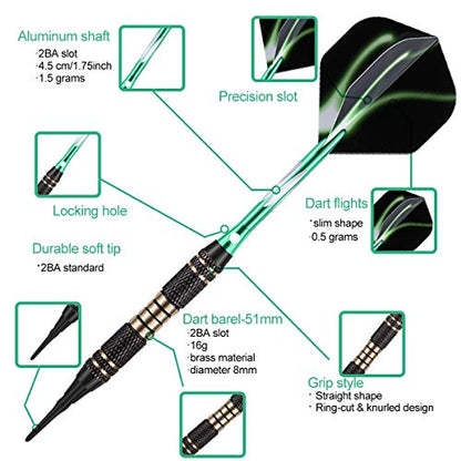 Soft tip Darts Set 18/20 Grams - Professional Darts Plastic Tip with Brass Barrel + Aluminum Shafts + 50 Rubber o-Ring + 6 Flights +50 Soft Tips for Electronic Dartboard - color: 18g-GREEN