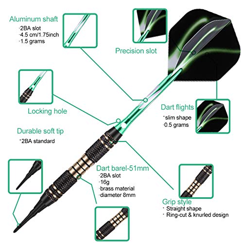 Soft tip Darts Set 18/20 Grams - Professional Darts Plastic Tip with Brass Barrel + Aluminum Shafts + 50 Rubber o-Ring + 6 Flights +50 Soft Tips for Electronic Dartboard - color: 18g-GREEN
