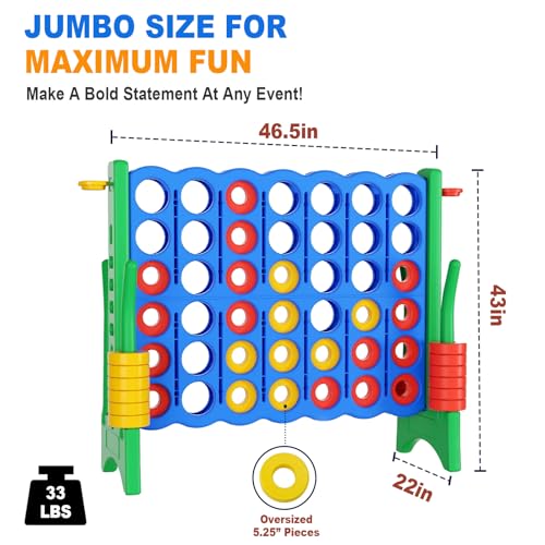 Giant 4 in a Row Game with Quick-Release Slider & Cup Holders, 43" Tall x 46.5" Wide Jumbo Yard Game, 46 Rings & Heavy-Duty Carrying Bag, Perfect for Parties and Camping - color: Blue+Green